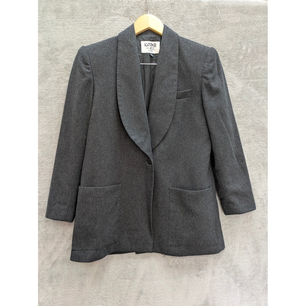 Dark Academia Wool Blend Blazer Womens 8P Kasper for ASL Charcoal Shawl Collar